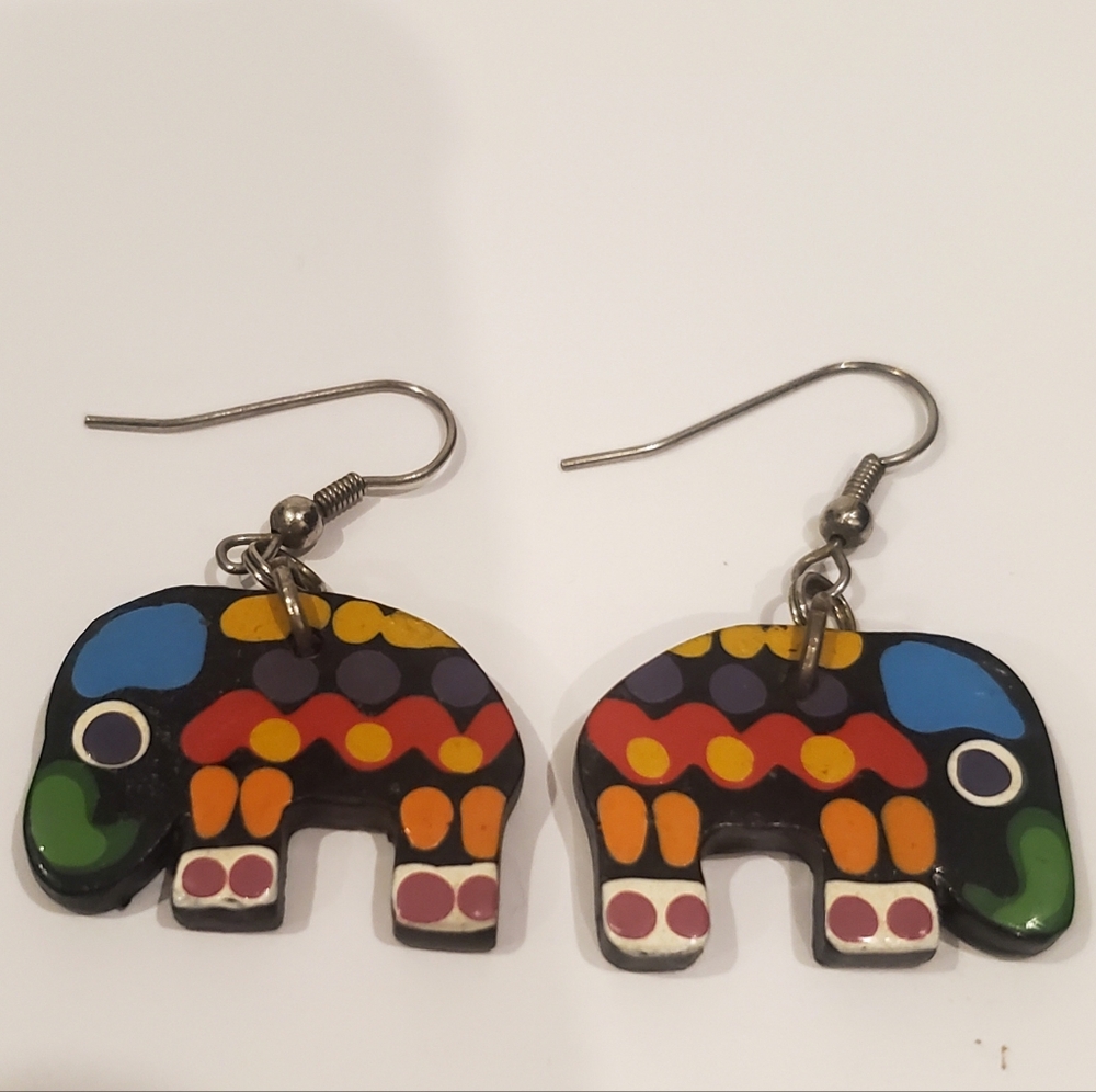 Colourful Elephant Earrings Embossed Hand Painted Fun Whimsical Africa Adorable